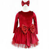 5–8 Yaş Kırmızı Kadife Pullu Fiyonklu Yılbaşı Özel Kostümü – Toka Hediyeli