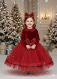 4–7 Yaş – Kırmızı Kadife Kırmızı Tül Etek ve Toka Yılbaşı Kız Çocuk Kostüm Seti