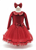 4–7 Yaş – Kırmızı Kadife Kırmızı Tül Etek ve Toka Yılbaşı Kız Çocuk Kostüm Seti