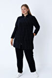 Kadın Büyük Beden Lacivert Çizgi Desenli Fermuarlı Cepli Pamuklu Kadife Alt-Üst Takım