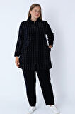 Kadın Büyük Beden Lacivert Çizgi Desenli Fermuarlı Cepli Pamuklu Kadife Alt-Üst Takım