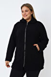 Kadın Büyük Beden Siyah Fermuarlı Cepli Soft Teddy Peluş Uzun Kollu Hırka