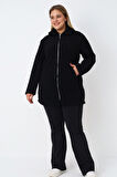 Kadın Büyük Beden Siyah Fermuarlı Cepli Soft Teddy Peluş Uzun Kollu Hırka