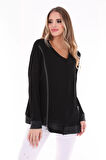 Yandan Fermuarlı Suni Deri Detaylı Bluz