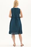 Petrol Kolsuz Vual Yırtmaçlı Midi Boy Yazlık Elbise