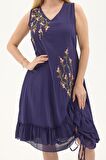 Mor Kolsuz Vual Yırtmaçlı Midi Boy Yazlık Elbise