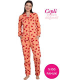 Kadın Kalp Desen Gömlek Yaka %100 Pamuk Mevsimlik Uzun Kol Cepli Pijama Takımı