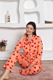 Kadın Kalp Desen Gömlek Yaka %100 Pamuk Mevsimlik Uzun Kol Cepli Pijama Takımı