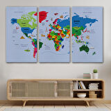 Harita Sepeti Türkçe Dünya Haritası Kanvas Tablo Ülke Başkentli ve Ünlü Yerler Sembollü 2704