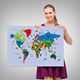 Harita Sepeti Türkçe Dünya Haritası Kanvas Tablo Ülke Başkentli ve Ünlü Yerler Sembollü 2704