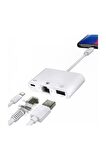 iPhone ve iPad Uyumlu Usb Ethernet Lightning Şarj Adaptörü Çevirici Dönüştürücü 3 in 1 Aparat