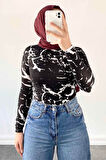Bisiklet Yaka Mermer Desenli Body Siyah