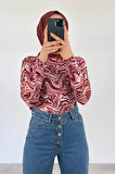 Bisiklet Yaka Ebru Desenli Body Vişne