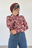 Bisiklet Yaka Ebru Desenli Body Vişne