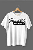 Güzellik Paket Baskılı Pamuklu Likralı T-shirt (Siyah Yazılı Beyaz) M Beden