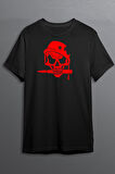 Kurukafa Baskılı Pamuklu Likralı T-shirt (Kırmızı Desenli Siyah) XL Beden