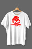 Kurukafa Baskılı Pamuklu Likralı T-shirt (Kırmızı Desenli Beyaz) XL Beden