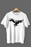Kartal Baskılı Pamuklu Likralı T-shirt (Siyah Desenli Beyaz) XL Beden