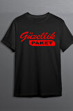 Güzellik Paket Baskılı Pamuklu Likralı T-shirt (Kırmızı Yazılı Siyah) M Beden