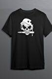 Kurukafa Baskılı Pamuklu Likralı T-shirt (Beyaz Desenli Siyah) L Beden