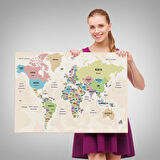 Harita Sepeti Türkçe Dünya Haritası Kanvas Tablo Ülke Başkentli ve Okyanus Detaylı Tablo 2748