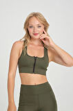 KADIN HAKİ RENK PEDLİ DESTEKLEYİCİ TOPARLAYICI FERMUARLI SPORCU CROP