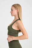 KADIN HAKİ RENK PEDLİ DESTEKLEYİCİ TOPARLAYICI FERMUARLI SPORCU CROP