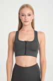 KADIN ANTRASİT RENK PEDLİ DESTEKLEYİCİ TOPARLAYICI FERMUARLI SPORCU CROP 
