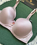 Evelyn Parlak Saten Çizgi Detaylı C cup Balenli Desteksiz Önü Tül Detaylı Şık Sütyen