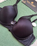 Evelyn Parlak Saten Çizgi Detaylı C cup Balenli Desteksiz Önü Tül Detaylı Şık Sütyen