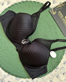 Evelyn Parlak Saten Çizgi Detaylı C cup Balenli Desteksiz Önü Tül Detaylı Şık Sütyen