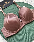 Evelyn Parlak Saten Çizgi Detaylı C cup Balenli Desteksiz Önü Tül Detaylı Şık Sütyen