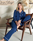 OverSleep Lacivert Biyeli Gömlek Yaka Uzun Kol Rahat Pijama Takımı