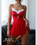 Intive Yılbaşı Koleksiyonu- Kırmızı Beyaz Önü Beyaz Tüy Detaylı Aksesuarlı Mini Gecelik