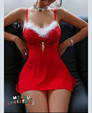 Intive Yılbaşı Koleksiyonu- Kırmızı Beyaz Önü Beyaz Tüy Detaylı Aksesuarlı Mini Gecelik