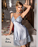 Intive Fantasy Gri Göğsü ve Paçası Dantelli İnce Asklı Feminen Gecelik