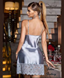 Intive Fantasy Gri Göğsü ve Paçası Dantelli İnce Asklı Feminen Gecelik