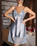 Intive Fantasy Gri Göğsü ve Paçası Dantelli İnce Asklı Feminen Gecelik