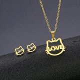Herşey Nota Gold Hello Kitty Face Love Kolye Ve Küpe Seti