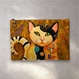 Gustave Klimt Kiss Öpücük Tablosu Kedi Uyarlaması Clutch Portföy Çanta