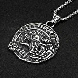 Çift Taraflı Kullanım Iskandinav Mitolojik Fenrir Kurt Kolye / Viking Pusula Gümüş Kolye