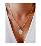 Papatya Figürlü Mavi Boncuk Detaylı Gold Altın Kaplama Kolye