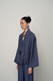 Kadın Gül Detaylı Yandan Bağlamalı Düz Renk Kimono-Ceket