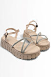 Günlük Kadın Sandalet Taş Bantlı Ayarlanabilir Tokalı Yüksek Kalın Topuk Tırtıklı Taban Bantlı 279