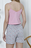 Kadın Şortlu Pijama Takımı İp Askılı Pamuklu Likralı PEMBE
