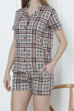 Kadın Düğmeli Şortlu Pijama Takımı Ekoseli Pamuklu Likralı Cepli MÜRDÜM