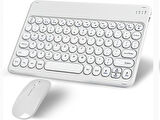Samsung Galaxy Tab A SM-T280 7" Uyumlu Kablosuz Bluetooth Şarj Edilebilir Yuvarlak Tuşlu Klavye Mouse Seti - Beyaz