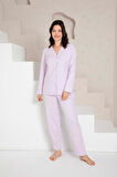 Kadın V Yaka Önden Düğmeli %100 Pamuk Uzun Kol Cepli Pijama Takımı