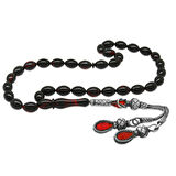 Tesbihane 1000 Ayar Gümüş Kazaz Püsküllü Arpa Kesim Kırmızı-Siyah Ateş Kehribar Tesbih