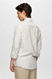 Slim Fit Vizon Çizgili Düğmeli Yaka %100 Pamuk Flamlı Yazlık Keten Görünümlü Gömlek 0HC02ORT06265
